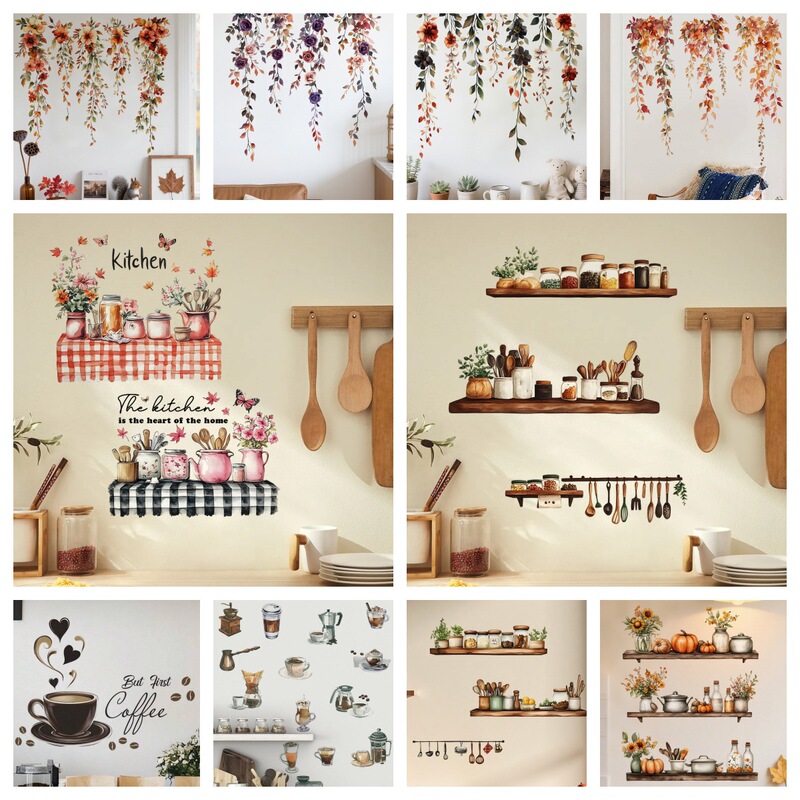 Autumn Flower Vine Red Maple Leaf Sticker Kitchen Living Room Home Wall Background Beautification Decoration Pvc Wall Sticker