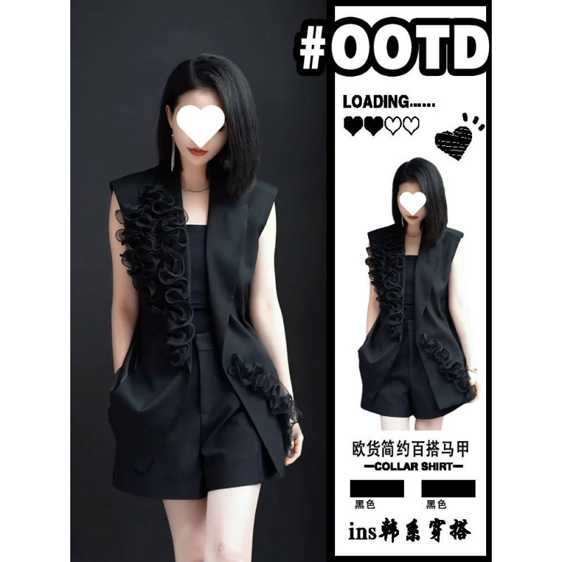 小香风黑色马甲外套女2025新款立体花朵V领马夹上衣+短裤两件套装|undefined
