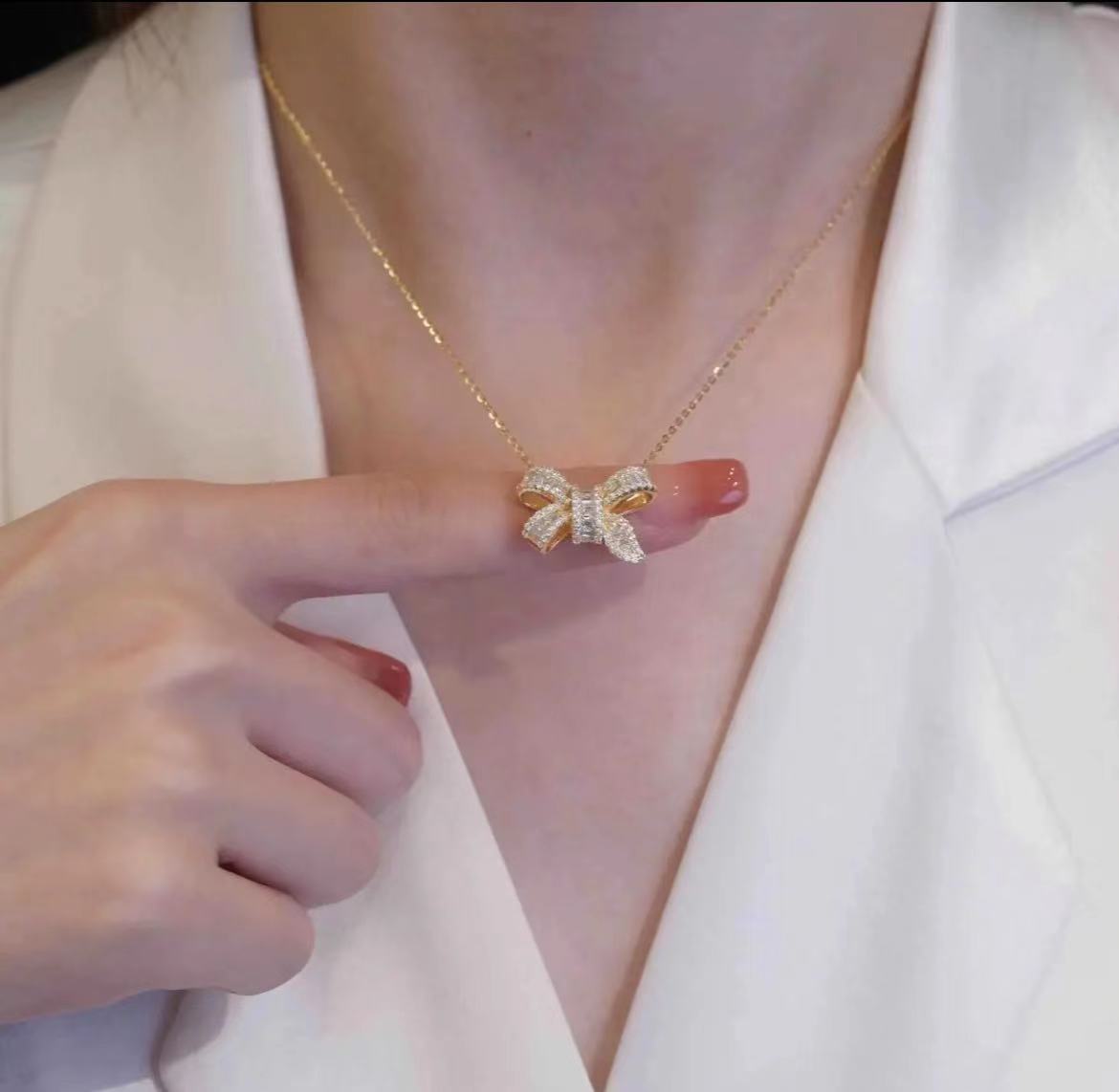 10g Weight Zircon Inlay Material IG Style Bow Knot Alloy Titanium Steel Plating Inlay Zircon Women's Rings Earrings Necklace