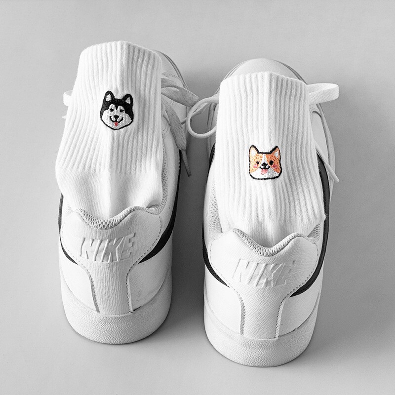 Men's Mid-Calf Embroidered Socks Corgi Erha Cute Autumn and Winter Combed Cotton White Socks Thin Trendy Cartoon Men's Socks