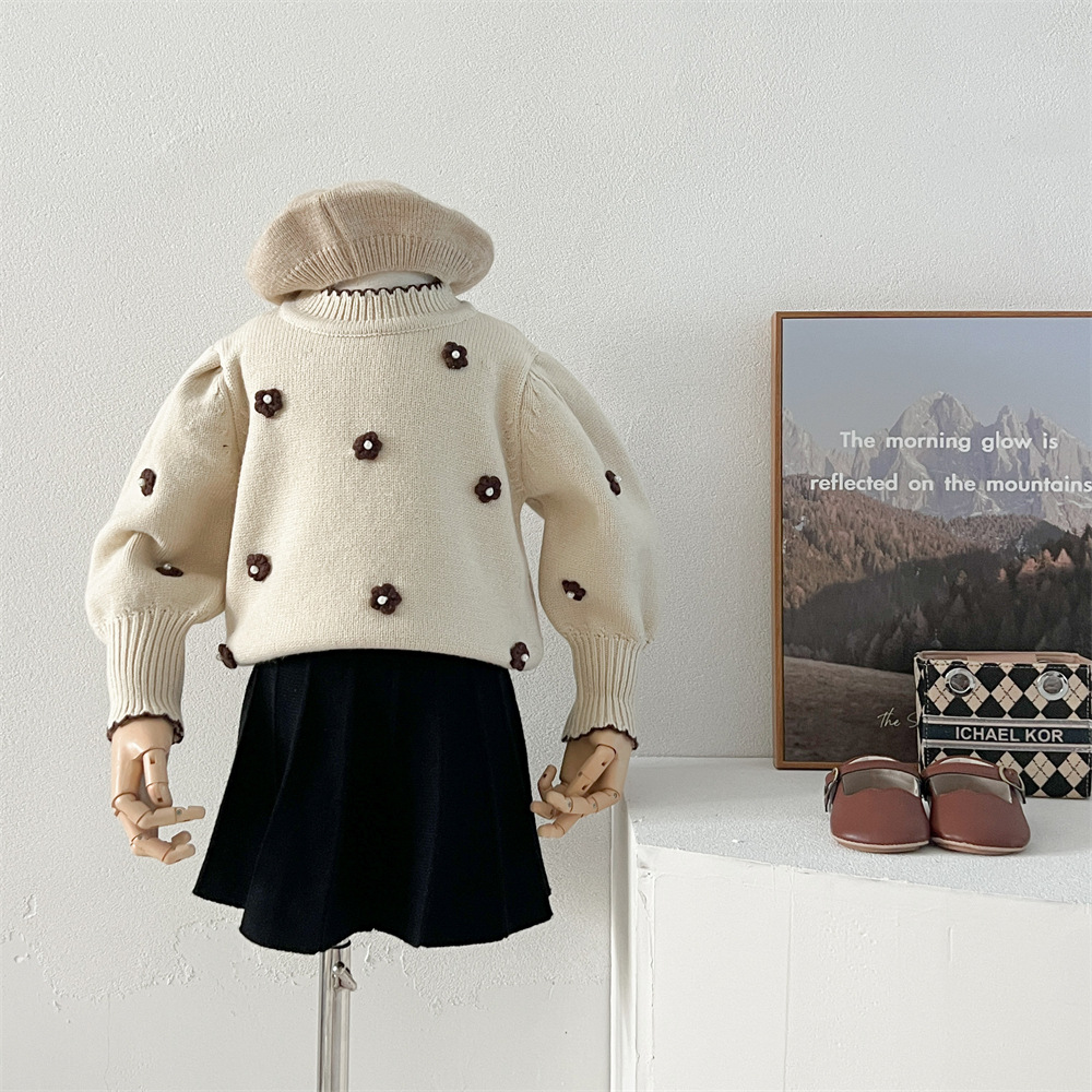 2024 Herbst/Winter Neuer Pulloverrock, Kinderstrickkopf, handgefertigter Blumenprinzessinnenrock für Babys, zweiteilig_voghion.com