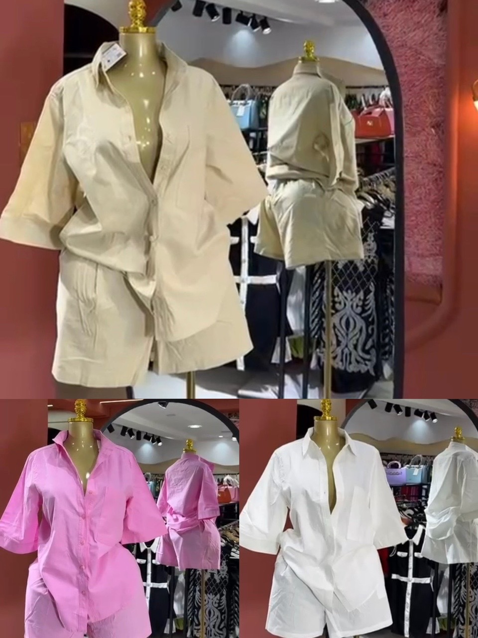 Women's Multi Color Collared Loose Fitting Shirt And Shorts Set Casual Solid Color Everyday Commuter Fashion_ecoleips.com