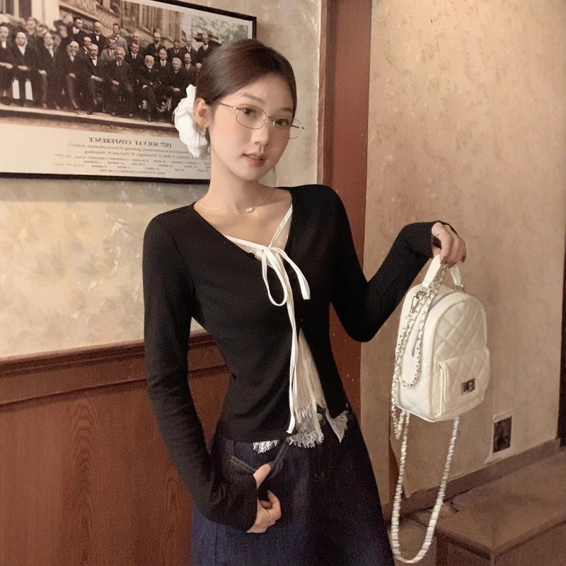 黑色辣妹风蕾丝拼接绑带假两件撞色t恤女秋季显瘦打底衫长袖上衣|undefined
