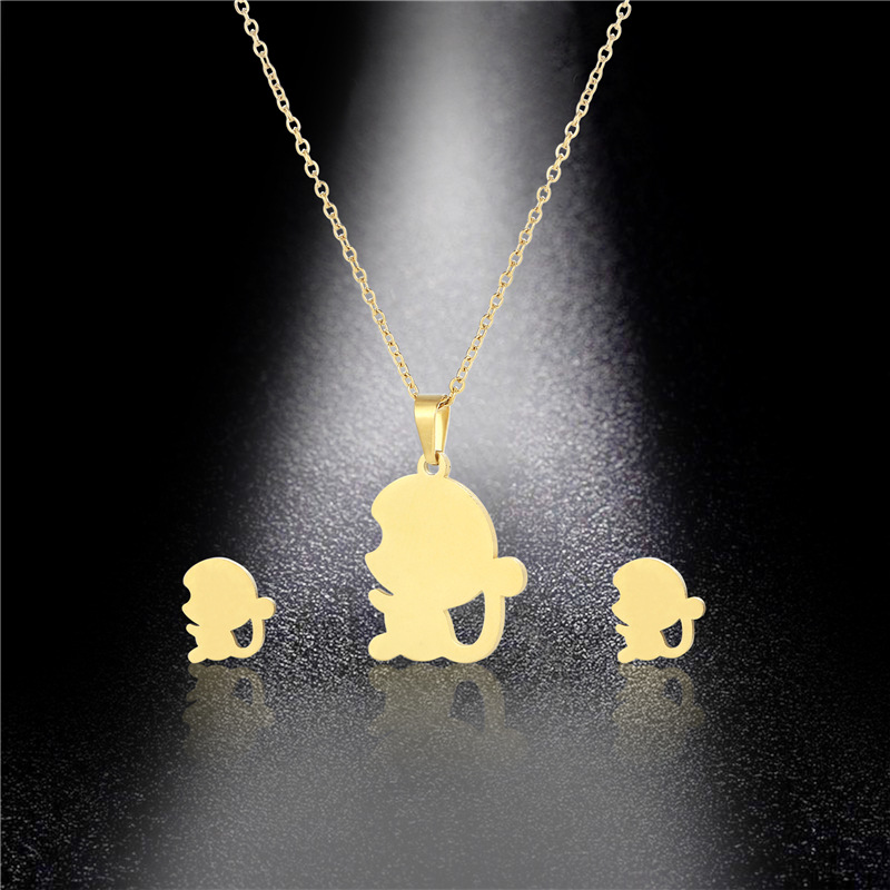 fashion hollow monkey pendant necklace earrings set stainless steel jewelry