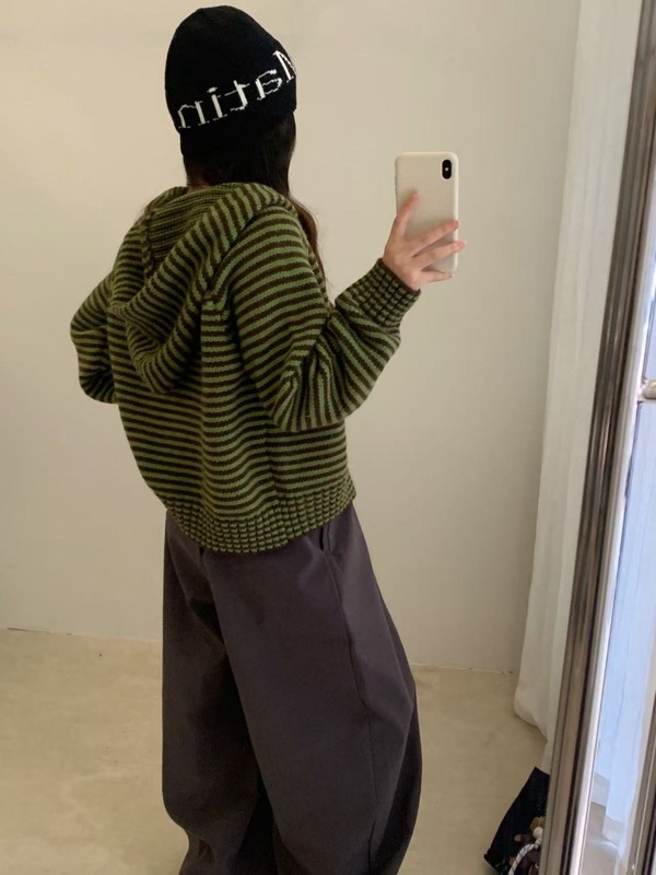 春秋冬季韩版拉链条纹连帽卫衣女宽松百搭针织衫慵懒复古毛衣外套|undefined