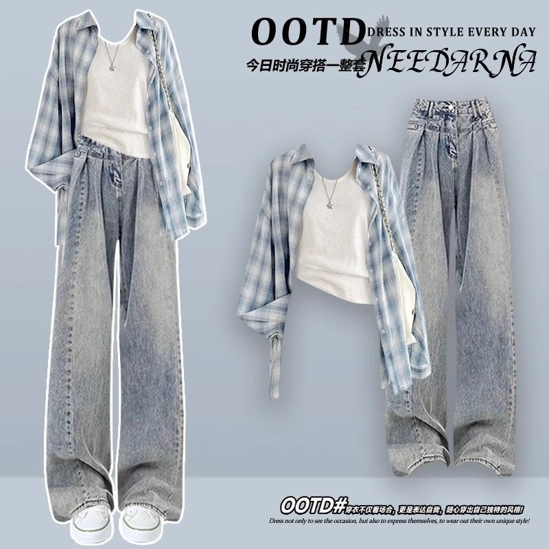 Spring Suit for Female Students Korean Style Loose Plaid Long-Sleeved Outer Shirt with White t + Wide-Leg Jeans Three-Piece Set