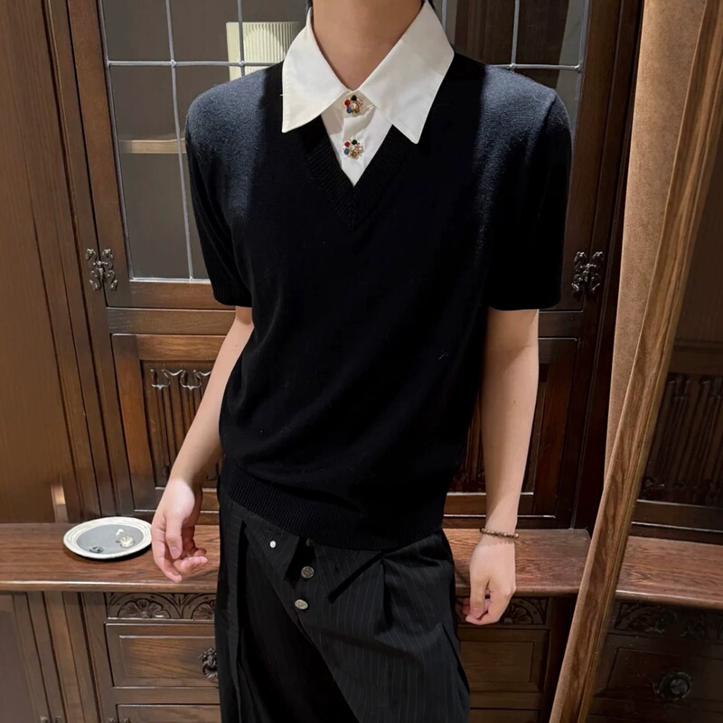 Elegant Old Money Style Court Gemstone Faux Two-Piece V-Neck Polo Knit Short-Sleeve Men's Summer Casual Regular Shoulder T-Shirt