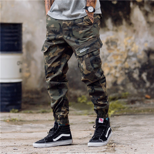 High street style ankle-tied camouflage jogging workwear functional multi-pocket ankle-tied pants trendy men's slim fit ankle-tied casual pants