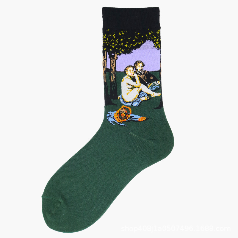 Calcetines de Comercio Exterior, Calcetines de Media Pantorrilla con Pintura al Óleo de Estilo Creativo Europeo y Americano, Calcetines Largos de Moda Transfronterizos, Calcetines de Algodón de Media Pantorrilla para Otoño e Invierno.