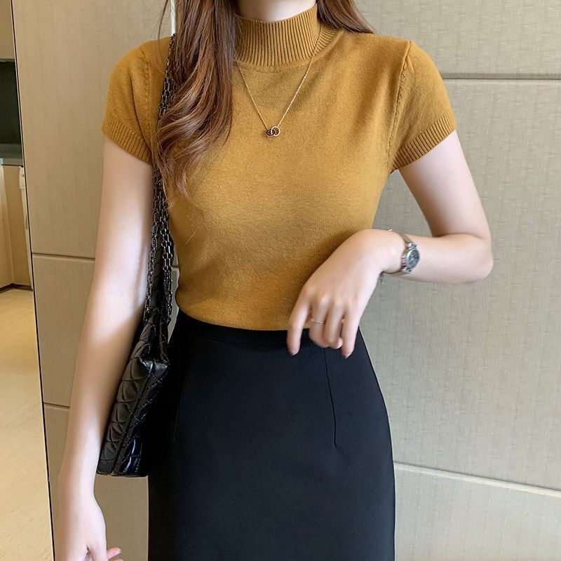 卸売トップス夏の女性の薄いハーフタートルネックボトリングシャツレディース Tシャツ半袖ドーパミンニットセーター夏薄い|undefined