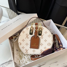 Bags跨境老花女包2025新款丝巾手提斜挎包欧美流行发财圆桶小包包