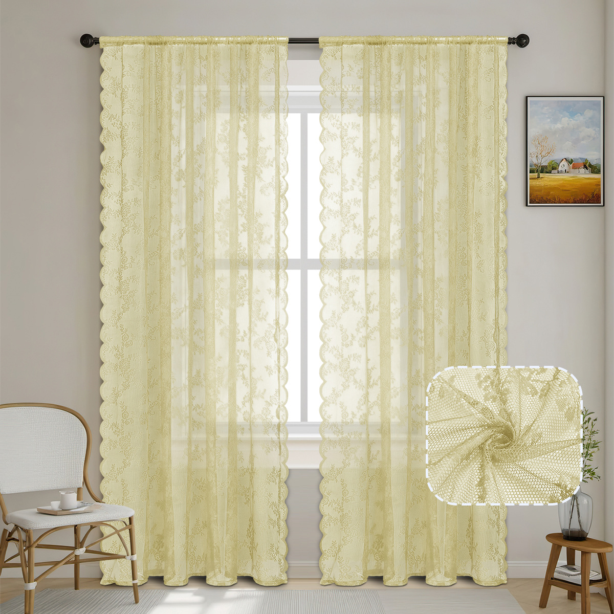 Cortina de encaje transfronteriza francesa cortina de encaje semisombrable cortina alemana cortina de barra TEMU venta en stock