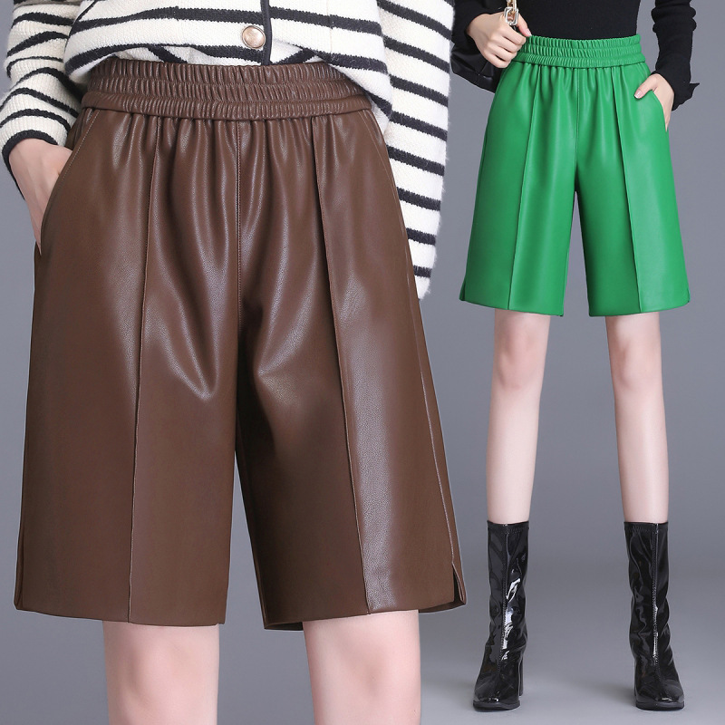 Brand Autumn and Winter A-Line Versatile Shorts for Women, Light Luxury Sheepskin Korean Style High-Waisted Slim Fit Petite Fashion Leather Pants