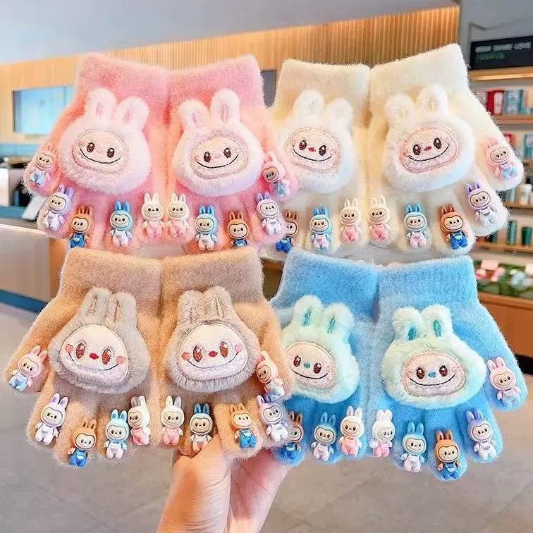 儿童手套可爱卡通兔子毛绒手套男女童冬季防寒保暖全包五指可触屏