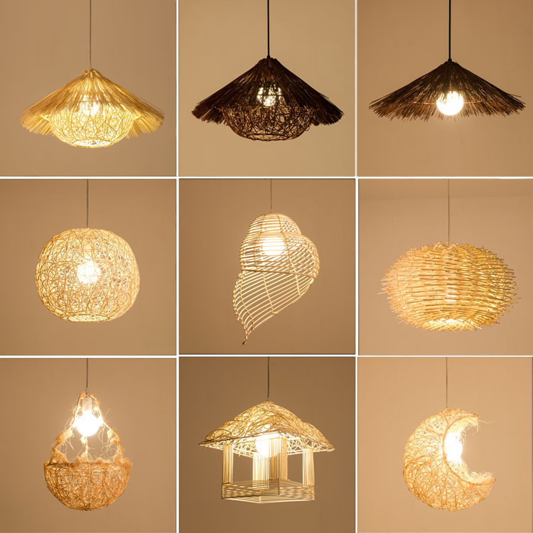Retro Rattan Straw Hat Chandelier Rattan Round Bird's Nest Chinese Pastoral Hotel Restaurant Farmhouse Bed and Breakfast Straw Hat Lamp