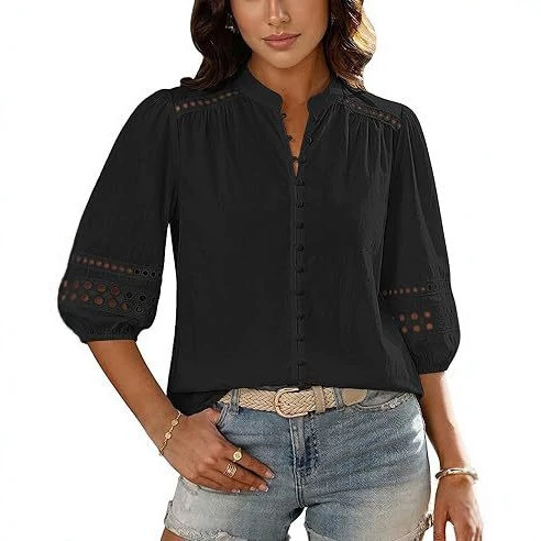 2026 New Amazon Hot-Selling Shirt with Casual V-Neck, Lace Embroidery, and Loose Fit Suitable for Mesh Fabric 2026 New Amazon Hot-Selling Shirt with Casual V-Neck, Lace Embroidery, and Loose Fit Suitable for Mesh Fabric