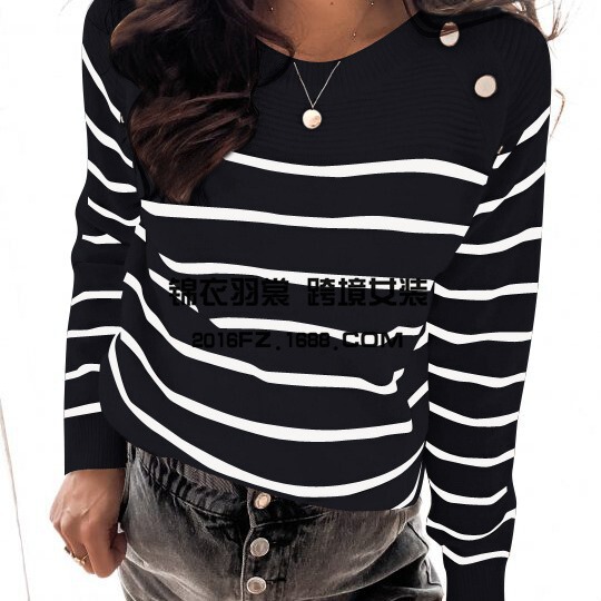 2026 Winter Striped Stylish European and American Style Knit Pullover Round Neck Button-Decorated White Oversized Sweater Striped Shirt