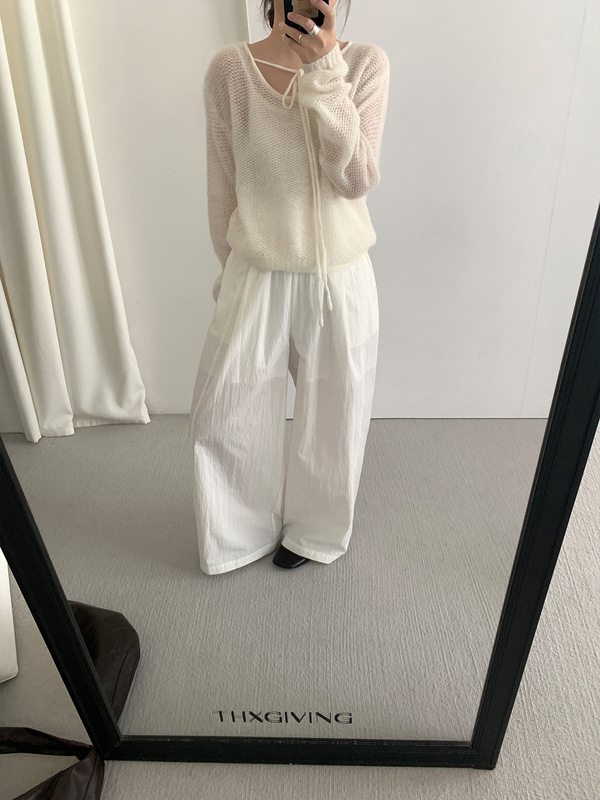 TG 韩系甜美镂空薄透针织衫女2025秋季新款领口系带显瘦毛衣25741|undefined