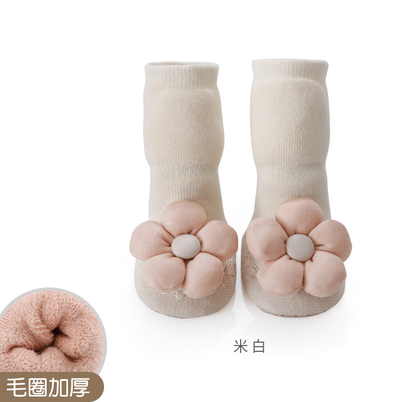 Los zapatos y los calcetines del piso de la niña Otoño e Invierno engrosados Terry cálido anti-caída Flower Princess zapatos y calcetines infantiles de cuero para niños pequeños