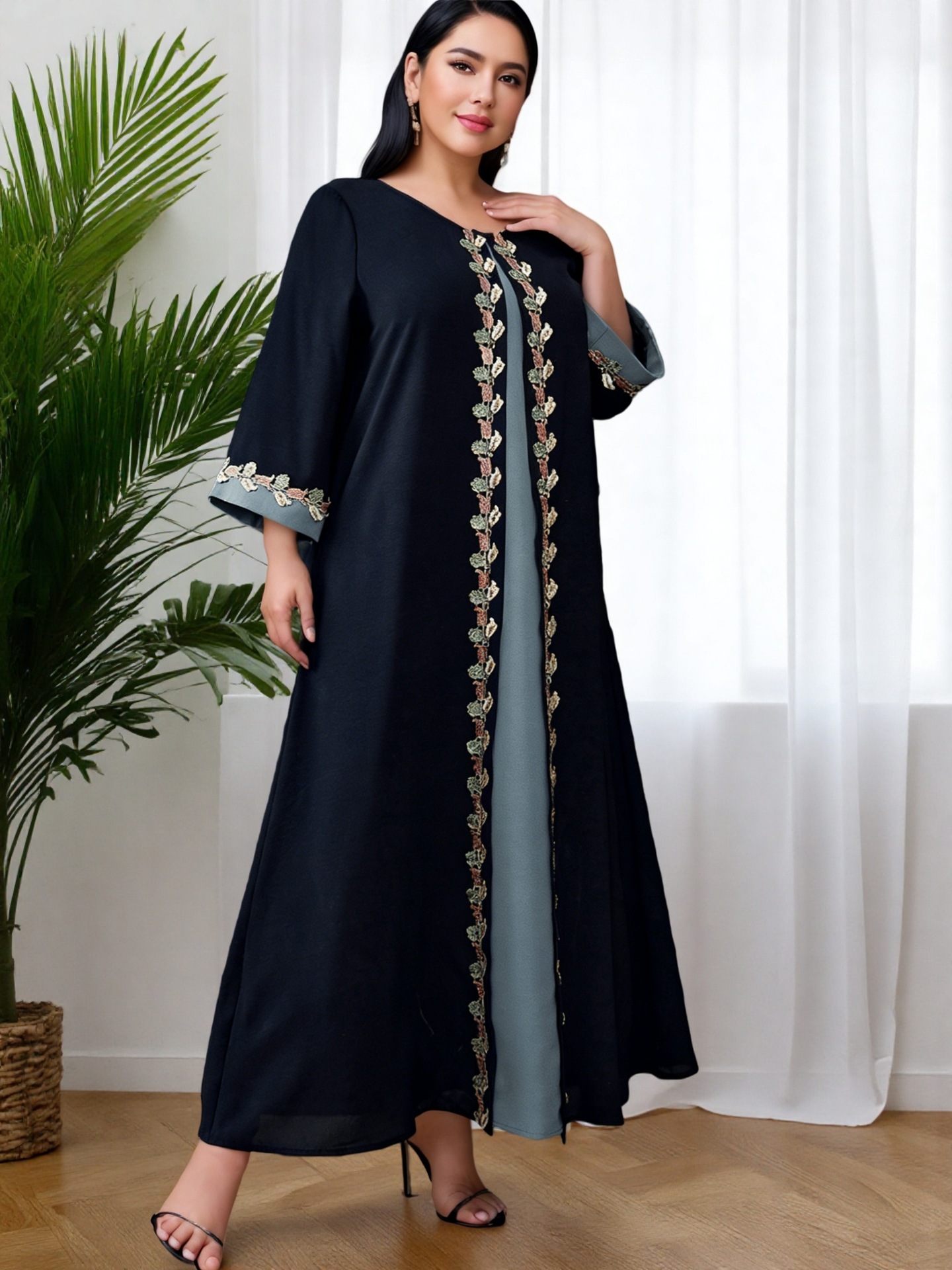 Exclusive Cross-border Supply Of Middle Eastern Robes, Muslim Fashion Navy Blue Embroidered Patchwork Abaya Plus-size_ecoleips.com