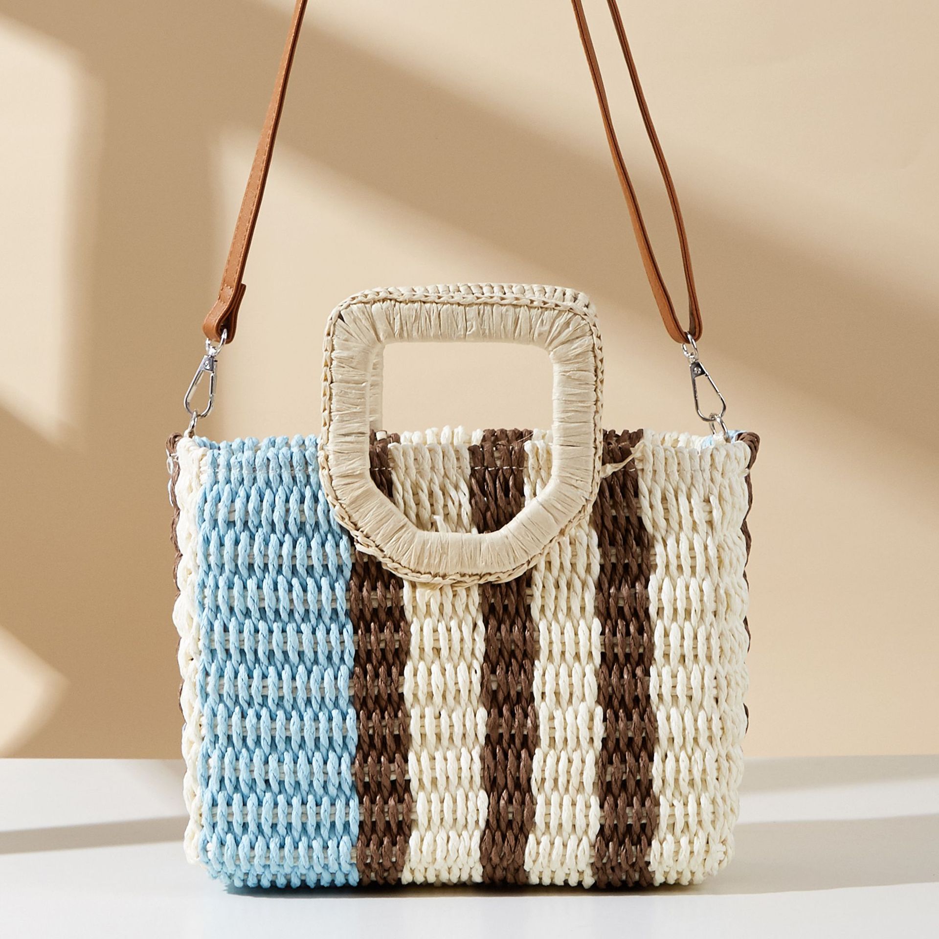 Zipper Closure Type Single Shoulder Strap, Top Handle Strap Type Women's Paper Color Block Stripe Vacation Beach Weave Square Zipper Straw Bag