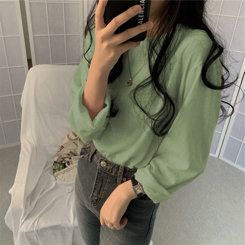 Camiseta básica blanca para mujer, estilo BM de manga larga, nueva colección de principios de otoño 2025, versión coreana, camiseta holgada negra con cuello redondo. image 18