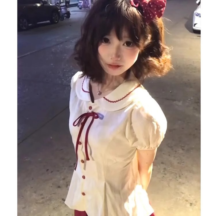 カレッジスタイルスリムスーツスカート女性のための夏の2025新しいスタイルベビードールカラー半袖シャツ+プリーツスカート2点セット|undefined