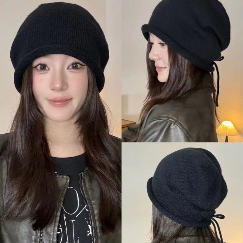 Japanese-Style Autumn and Winter Warm Knit Hat for Women, Large Head Circumference, Knitted Slouchy Beanie, Face-Slimming Turban Hat, Winter Hat Japanese-Style Autumn and Winter Warm Knit Hat for Women, Large Head Circumference, Knitted Slouchy Beanie, Face-Slimming Turban Hat, Winter Hat