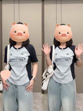 大码胖mm美式复古插肩短袖印花t恤女夏撞色休闲oversize上衣ins潮