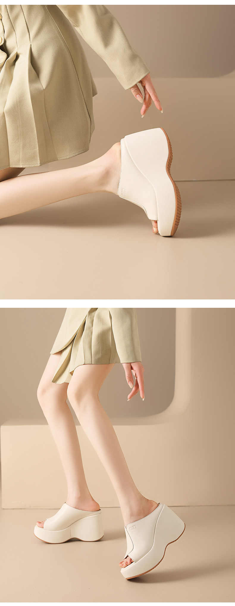 Dép sandal nữ quai chữ V đế xuồng cao 10 cm, chất liệu da thật, nhẹ nhàng — màu đen, Trắng kem- chi tiết 9