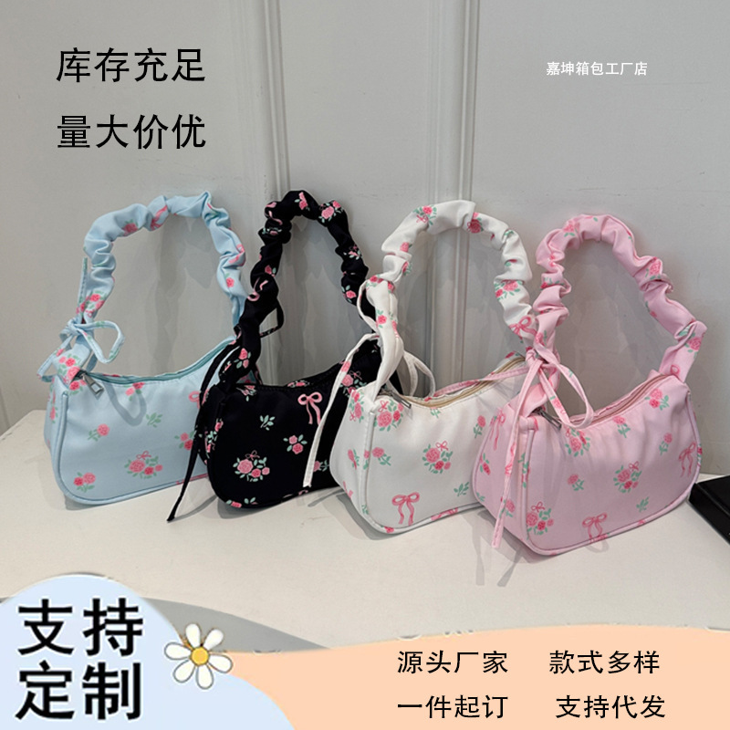 国境を越えた甘い女性の新しいリボン花柄キャンバスバッグ巾着ショルダーバッグ高価値クロスボディかわいいバッグ|undefined