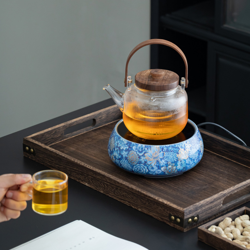 2024 New Electric Ceramic Stove Blue and Flower Tea Boiler Teapot Heat-Resistant Glass Kettle Household High-Power Electric Stove