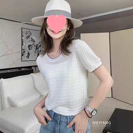 夏季新款韩系休闲针织衫女法式文艺浪漫短袖修身显瘦微透纱上衣女