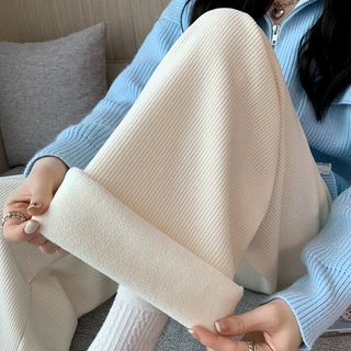 加绒阔腿裤女秋冬高腰垂感宽松显瘦灯芯绒直筒拖地白色休闲裤