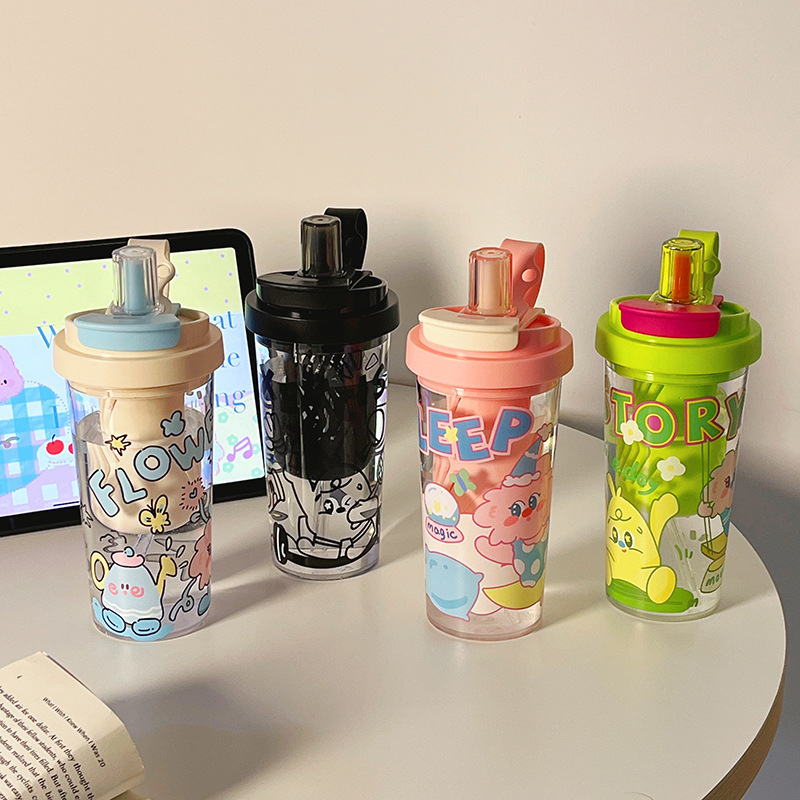 女性用のかわいい漫画の見栄えの良いウォーターカップ、ポータブル直飲みプラスチックカップ、子供用の毎日のストローカップ、大容量|undefined