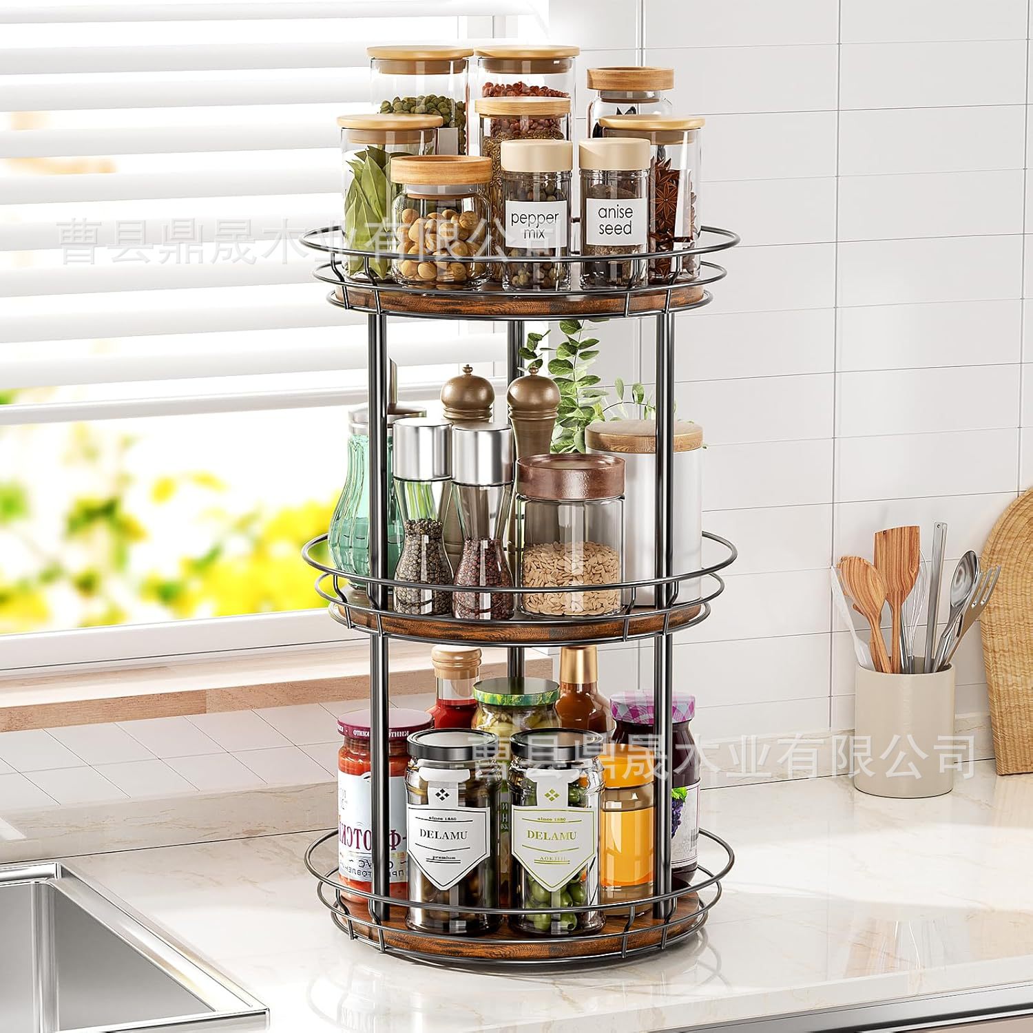 Wooden rotatable kitchen seasoning jar sorting rack Double-layer oil, salt, sauce, vinegar storage rack Coffee, milk, tea, storage rack
