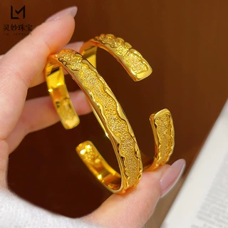 金店同款沙金锤纹熔岩手镯满天星内刻双鱼开口镯子复古送女友礼物