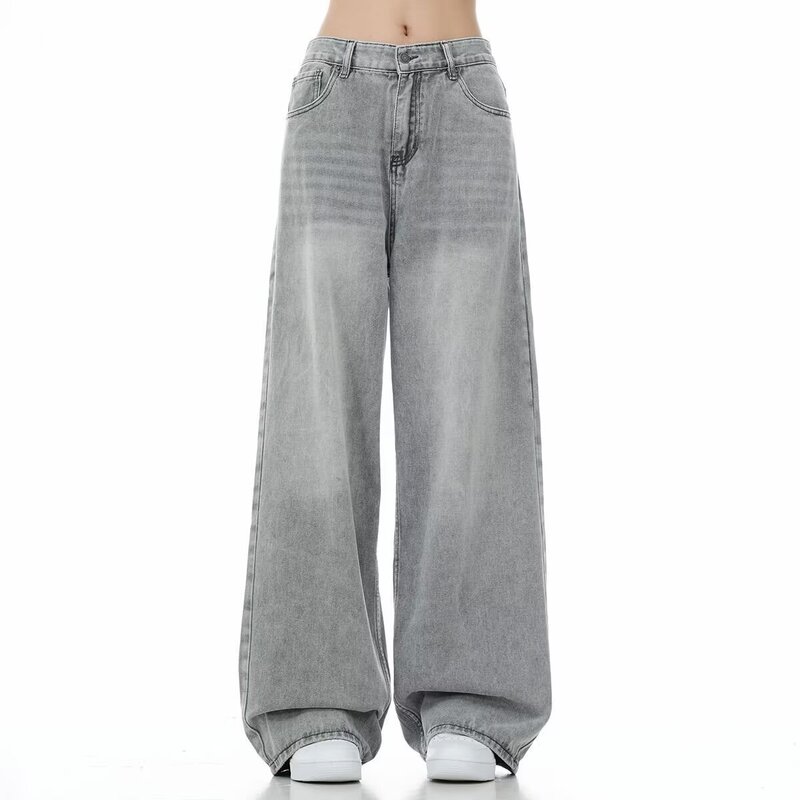 American Retro Vibe Gray Jeans for Men and Women, Versatile Washed and Distressed Loose Wide-Leg Straight Casual Pants