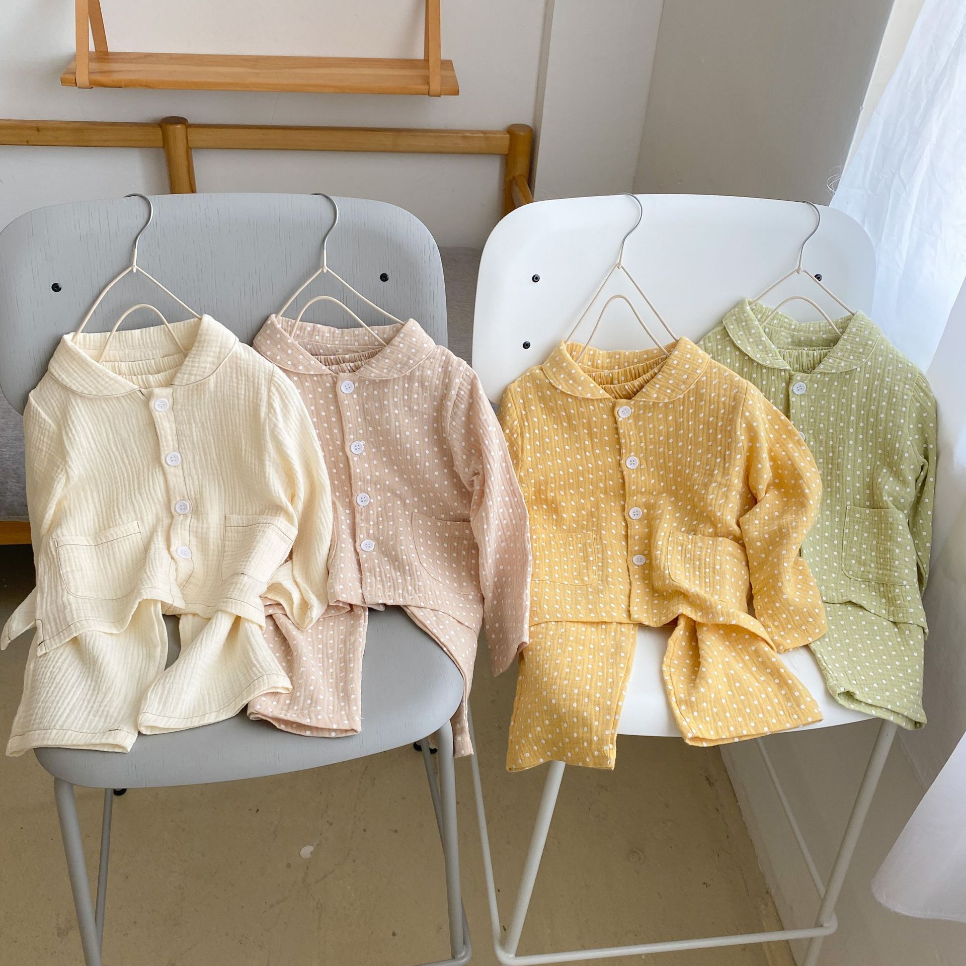 兒童睡衣寶寶春秋季純棉紗布波點男童長袖兩件套套裝女童家居服