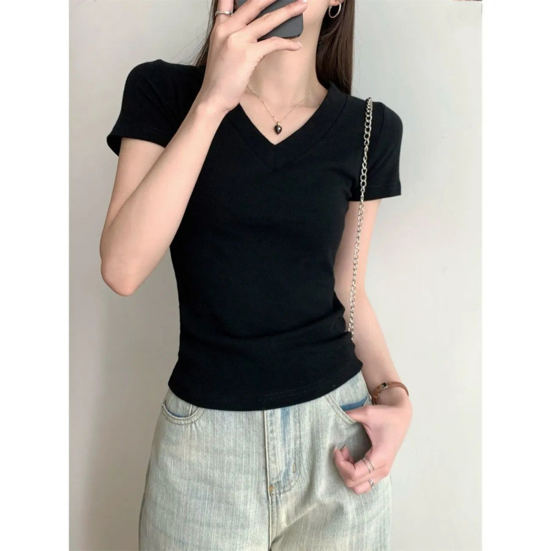 モーダルアイスシルク Tシャツレディース夏右肩 V ネック半袖スリムフィット弾性糸無地ボトムシャツトップ|undefined