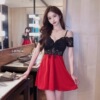 Sexy contrasting lace patchwork with semi transparent backless bottom large hem suspender dress