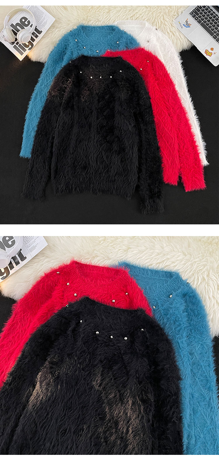 Men's Clothing mink sweater button flower design beaded high weight knitted sweater furry pullover lazy trend men_voghion.com