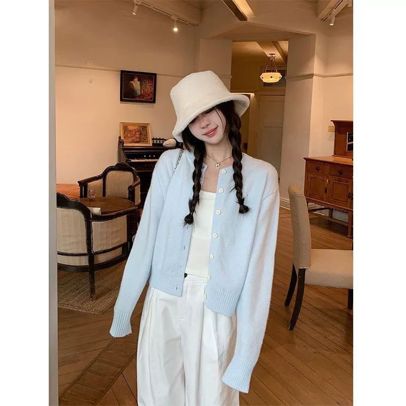 Синий кардиган-свитер, куртка 2024, новый стиль, мягкий и простой вязаный короткий топ, вязаный весенне-осенний стиль