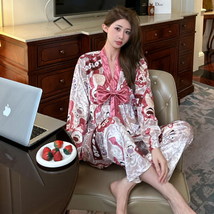 Popular online popular oro terciopelo pijamas de las mujeres oro diamante arco Otoño e Invierno manga larga luz lujo dulce hogar desgaste traje