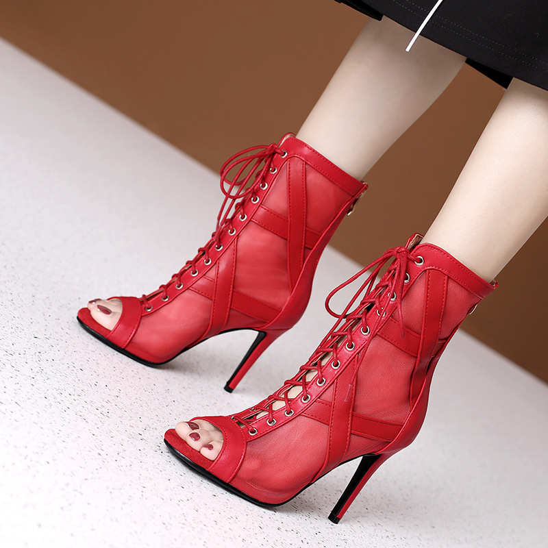 大码女鞋拉丁鞋短靴大码系带爵士舞跳舞高跟凉鞋细跟网纱凉靴外贸