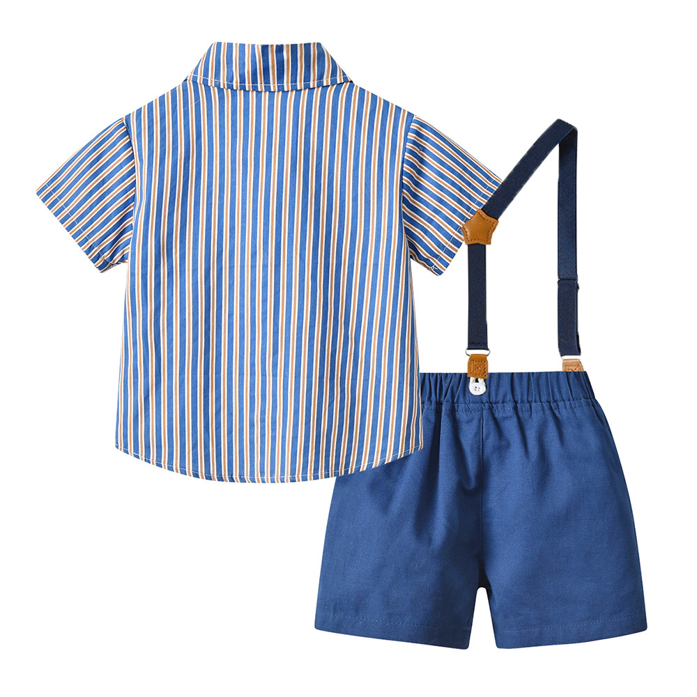 Vestido infantil de verano a rayas collar arco camisa de mangas cortas cinturón pantalones cortos modestamente florista juego de ropa de espectáculo