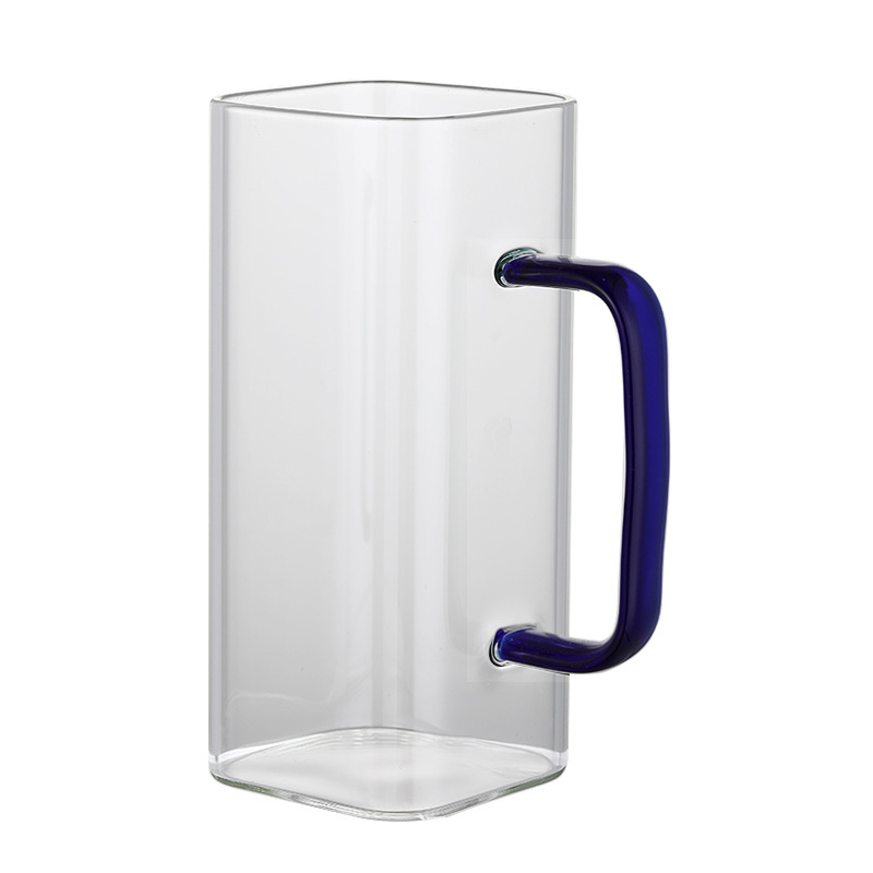 Taza cuadrada de vidrio al por mayor con asa de color, taza para té de flores, taza para jugo y leche de pared recta con asa, taza para preparar té, taza para agua, alto borosilicato.