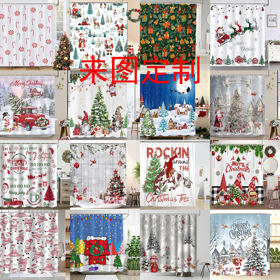 Christmas snowflake-themed shower curtain, a popular item, waterproof, suitable for bathrooms, and sold in sets of 5 or more