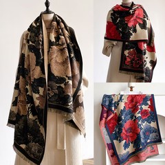 她信服饰跨境花卉仿羊绒油画优雅外搭披肩涤纶短流苏披肩围巾两用