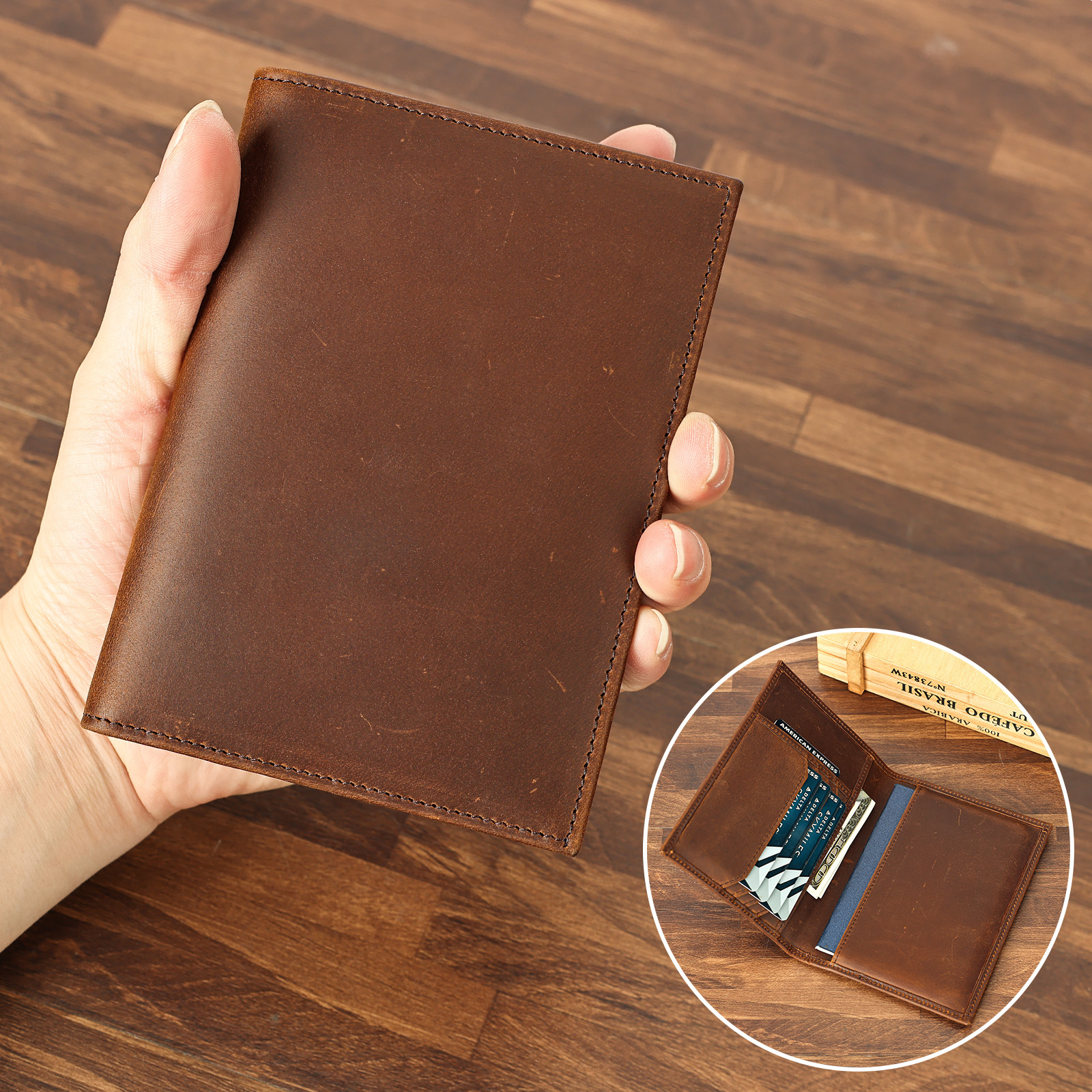 Ví hộ chiếu da cổ điển dạng dọc, nhiều ngăn thẻ chống trộm RFID — Cà phê dầu, Cà phê, Cà phê đậm, nâu